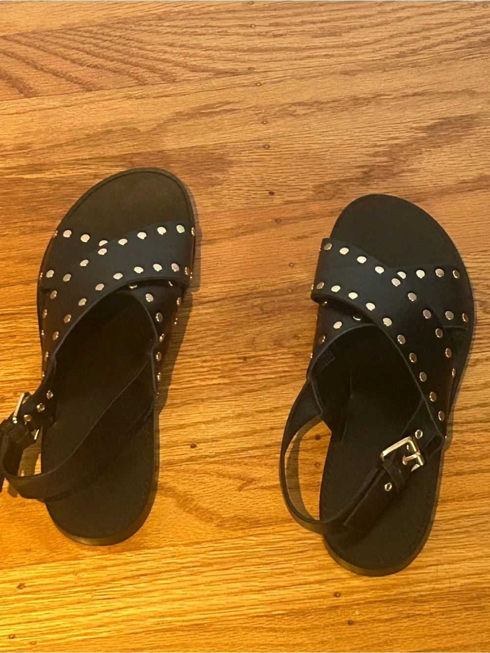 Madewell Black Leather Cross-Strap Sandals with Gold Studs